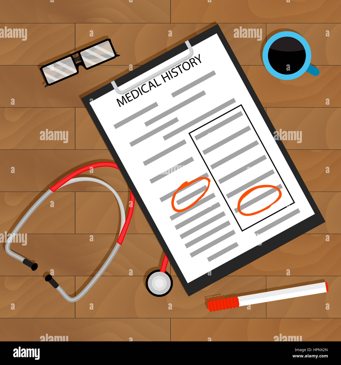 Konzept-Arzt behandelt Patienten. Papierkram Gesundheitsversorgung in Klinik, Schreibtisch mit Brille und Stethoskop. Vektor-illustration Stockfoto