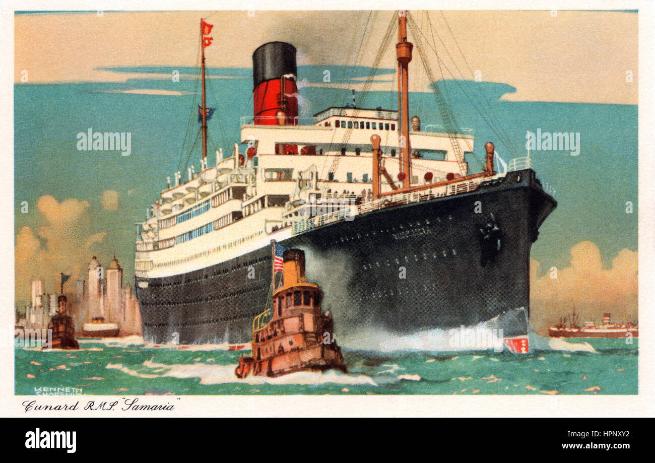 Postkarte von der Cunard Schiff R.M.S Samaria, illustriert von Kenneth Shoesmith. Die Samaria wurde 1920 ins Leben gerufen und bis 1955. Stockfoto