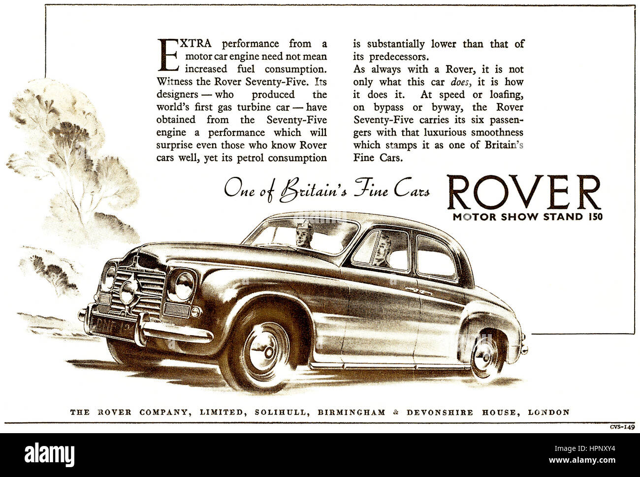 1950 britische Werbung für Rover Seventy - Five-Motorwagen. Stockfoto