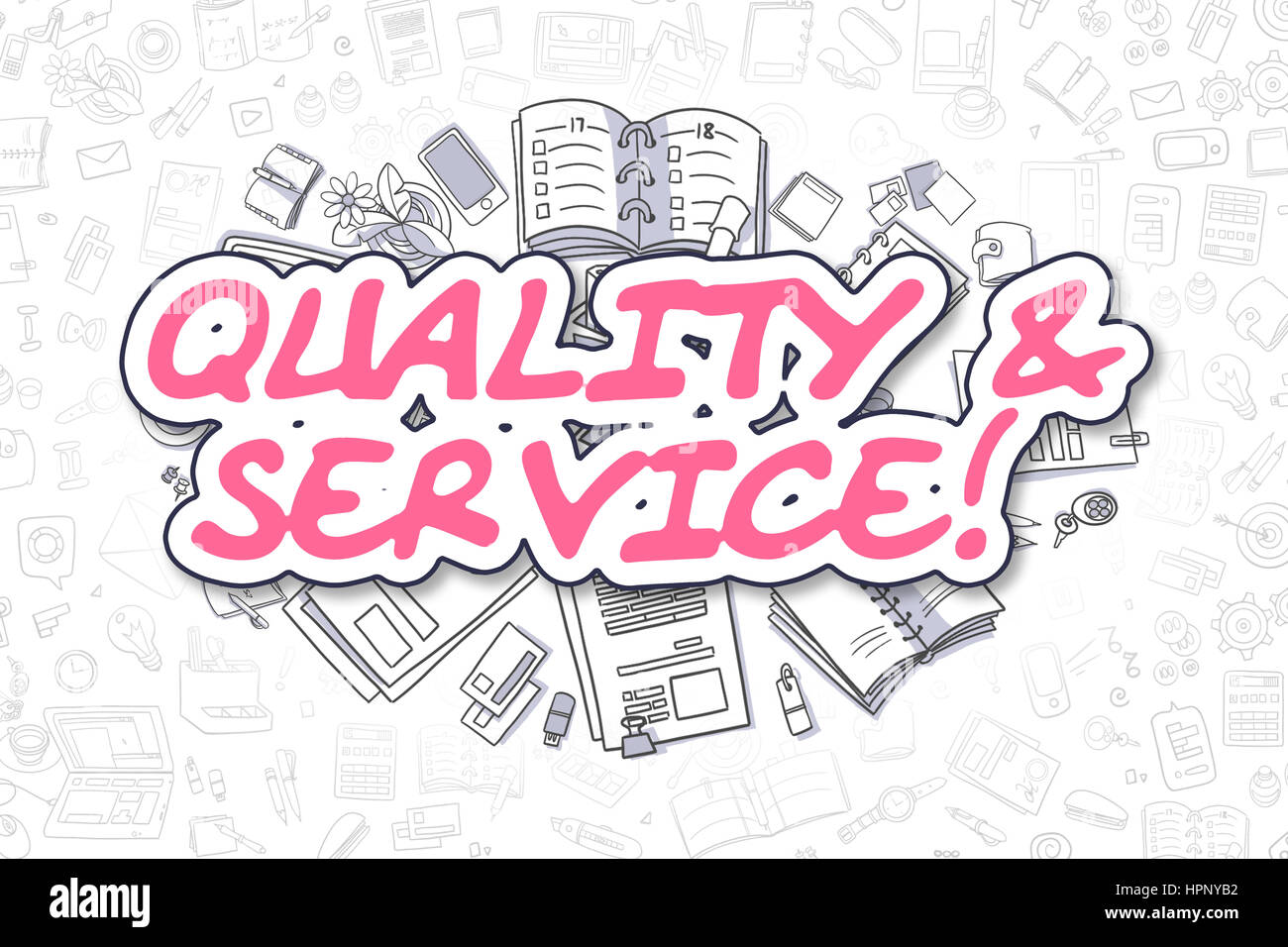 Qualität und Service - Magenta Wort Doodle. Business-Konzept. Stockfoto