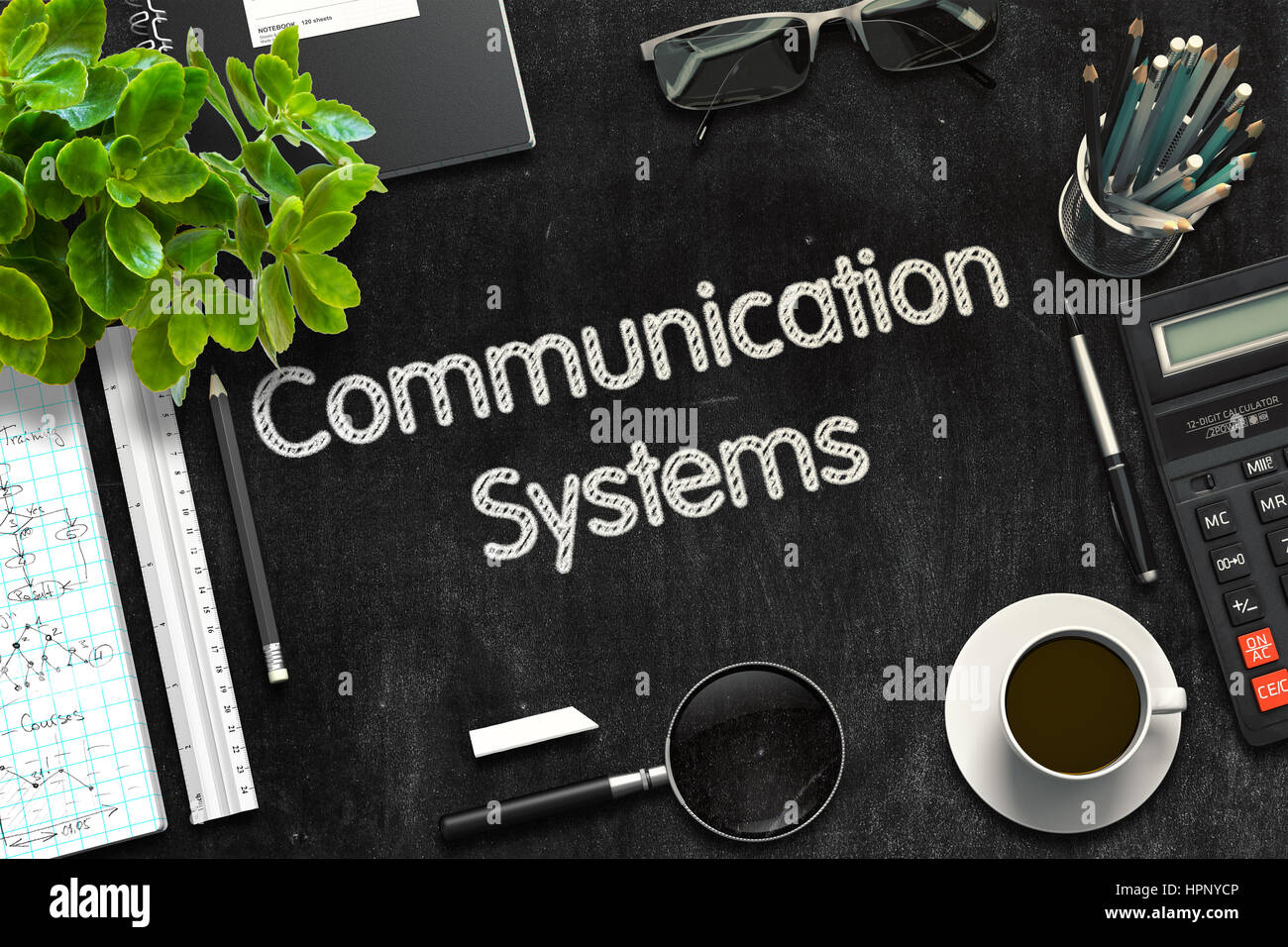 Kommunikationssysteme auf schwarzen Tafel. 3D-Rendering. Stockfoto