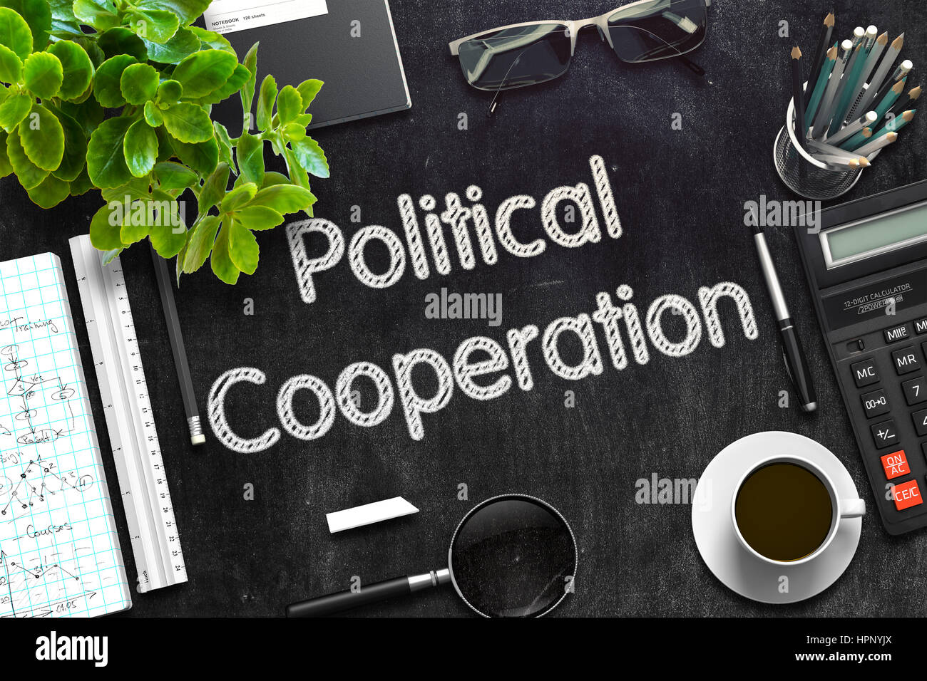 Politische Zusammenarbeit an schwarzen Tafel. 3D-Rendering. Stockfoto