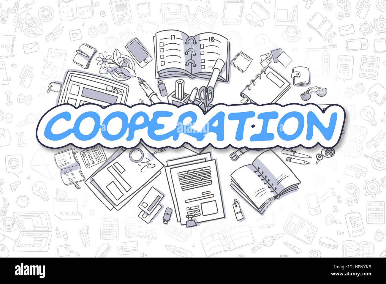 Zusammenarbeit - Doodle blauer Text. Business-Konzept. Stockfoto
