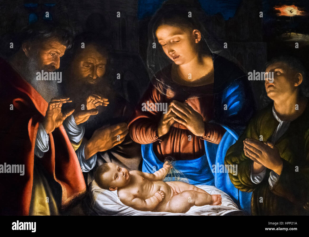 Weihnachtskrippe. Die Anbetung der Hirten von Giovanni Girolamo Savoldo (c. 1480-1485 – nach 1548), Öl auf Platte Malerei, 1530 s Stockfoto