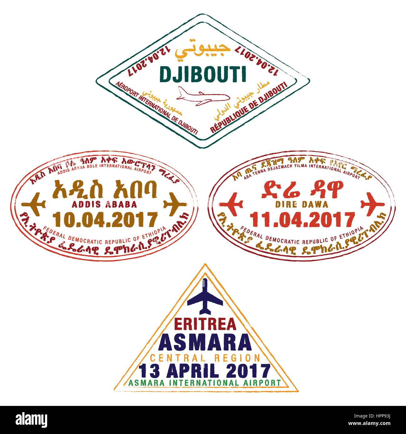 Stilisierte Passstempel von Dschibuti, Äthiopien und Eritrea im Vektor-Format. Stock Vektor