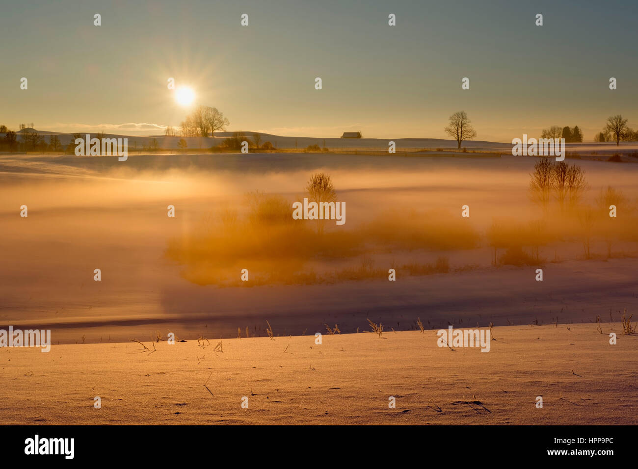 Deutschland, Gebrazhofen, Sonnenaufgang über trübe Winterlandschaft Stockfoto