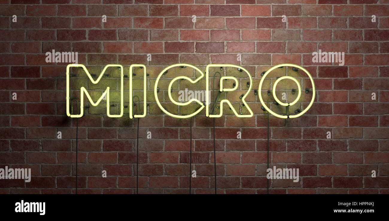 Mikro - fluoreszierende Neon tube Zeichen auf Mauerwerk - Vorderansicht - 3D gerenderten Lizenzgebühren frei Lager Bild. Einsetzbar für Online-Bannerwerbung und direkte ma Stockfoto