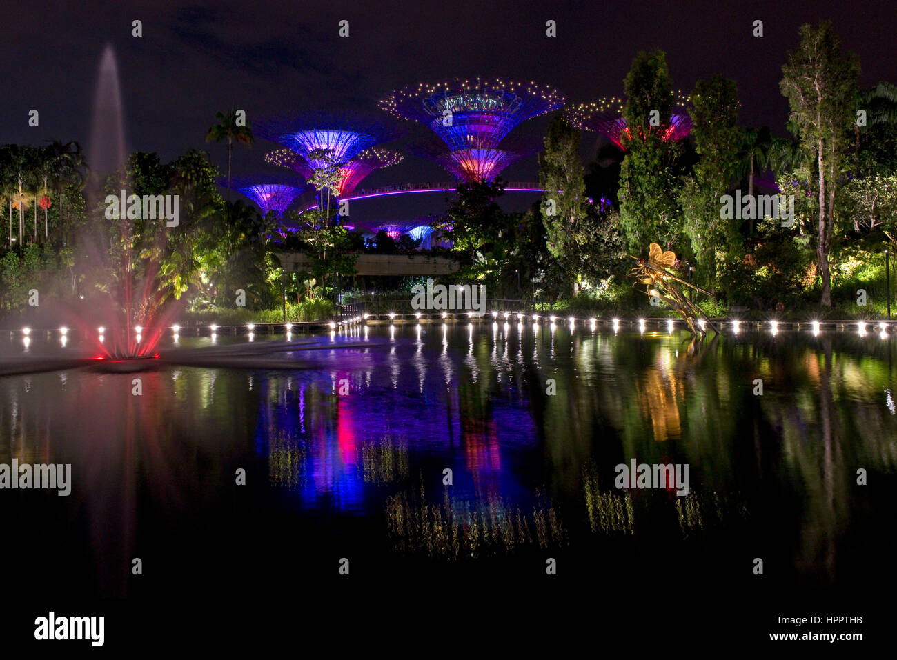 Supertrees auf dem Gelände der Gärten an der Bucht während OCBC Garden Rhapsody, Licht und Musik zeigen. Stockfoto