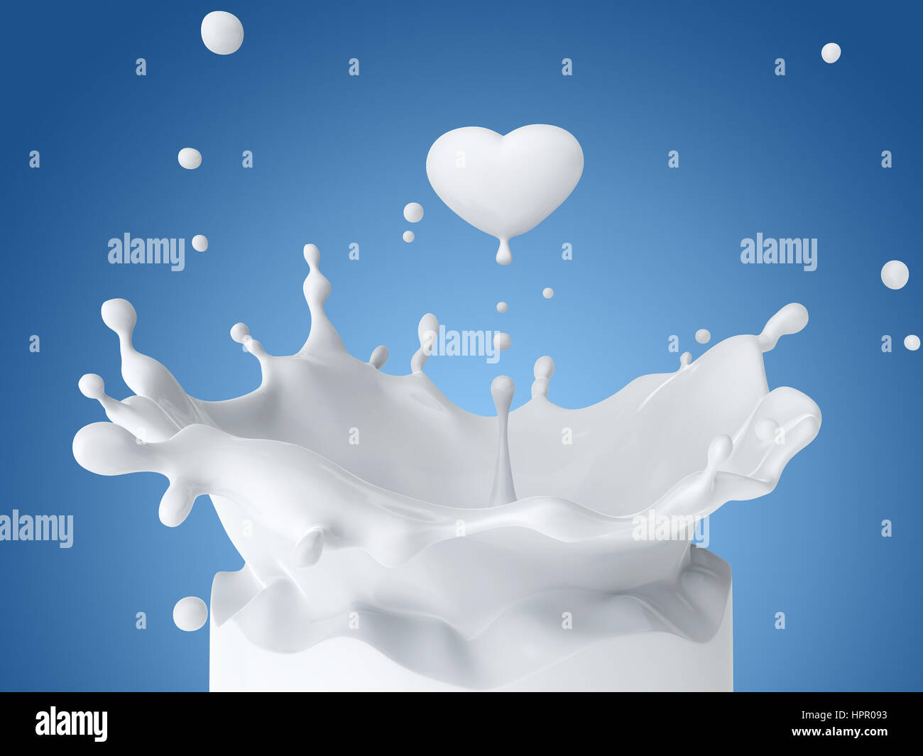 Tropfen Milch in Form von Herzen. 3D illustration Stockfoto