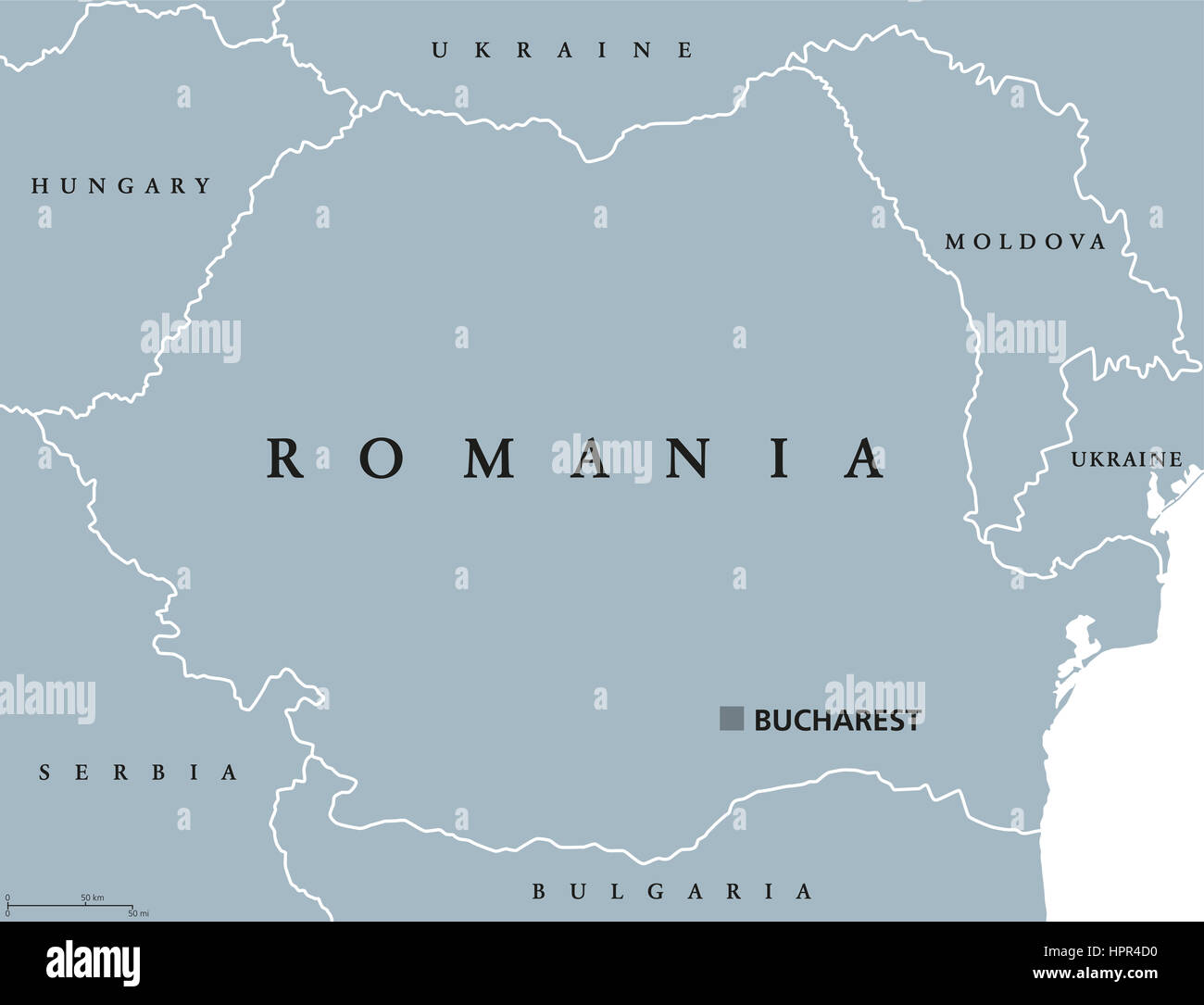 Rumänien politische Karte mit Hauptstadt Bukarest, nationale Grenzen und Nachbarländern. Souveräne Sate in Osteuropa. Stockfoto