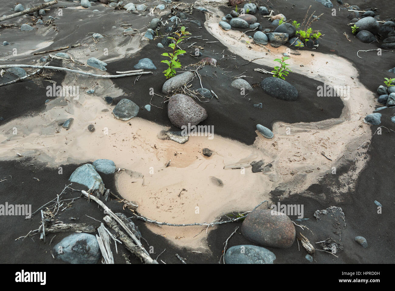 IL und Steinen auf dem Boden des Flusses Studenaya. Kamtschatka-Halbinsel. Stockfoto