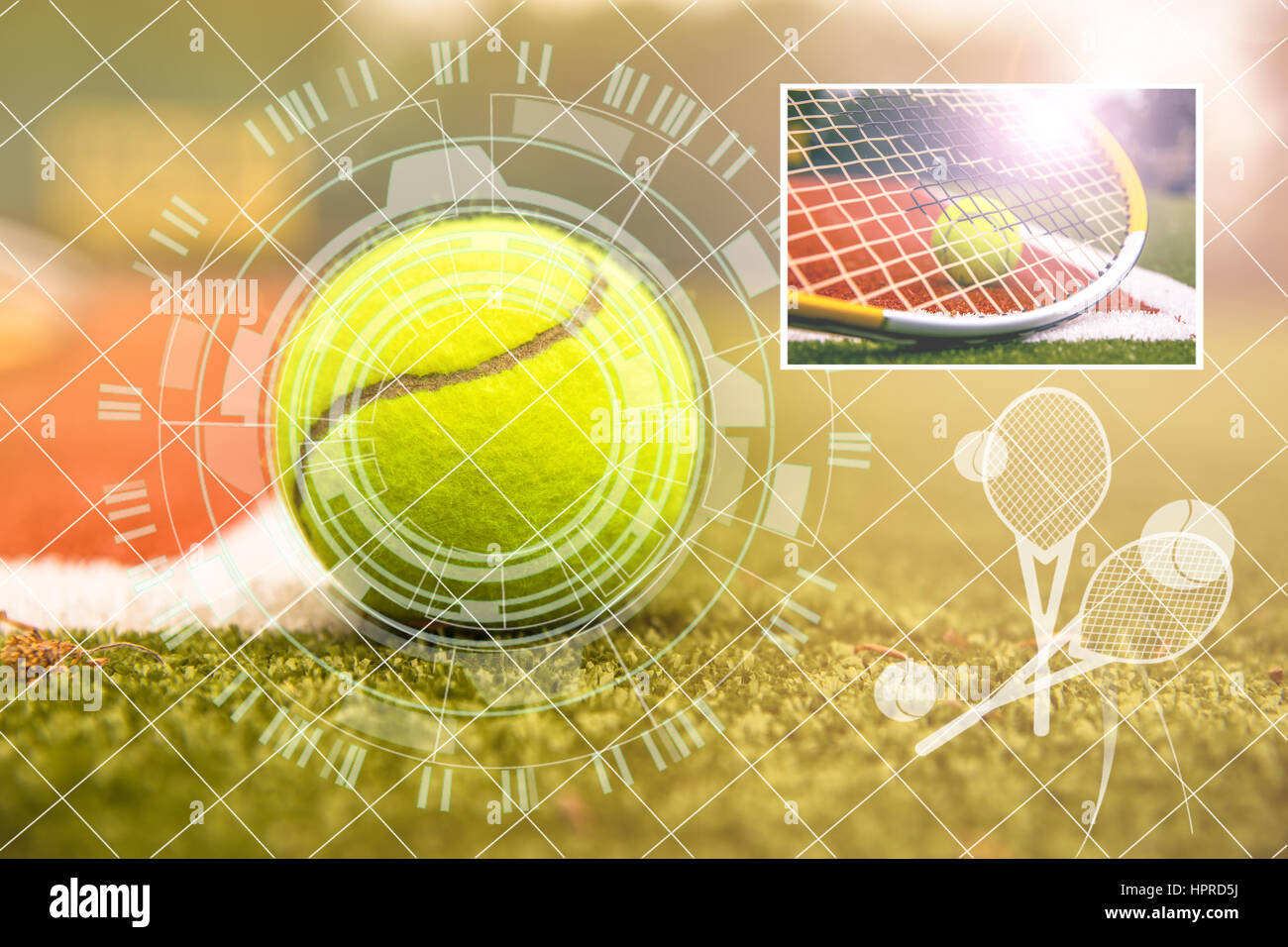 Tennisball und Tennisschläger auf einem Tennisplatz mit unscharfen Hintergrund. mit HUD-Interface-Elemente, virtuelle futuristischen techno Stockfoto