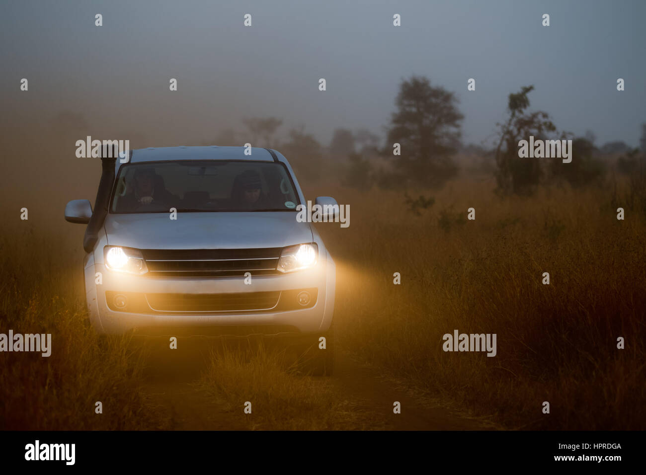 Ein LKW untersucht Kruger National Park, Südafrika auf einer morgendlichen Pirschfahrt auf der Suche nach Safaritiere. Stockfoto