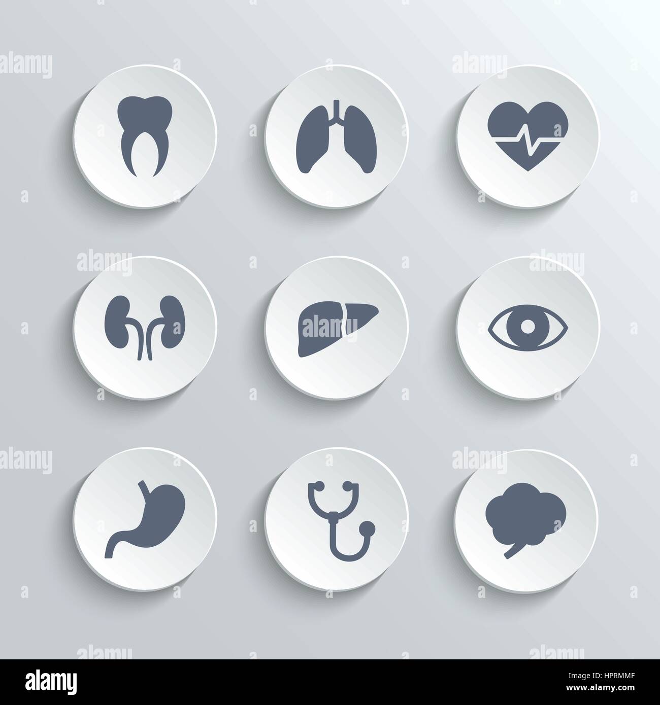 Medizinische Icons Set - Vektor weiß Runde Tasten mit Herz Stethoskop Puls Zahn Gehirn Magen Lunge Leber Niere Auge Stock Vektor