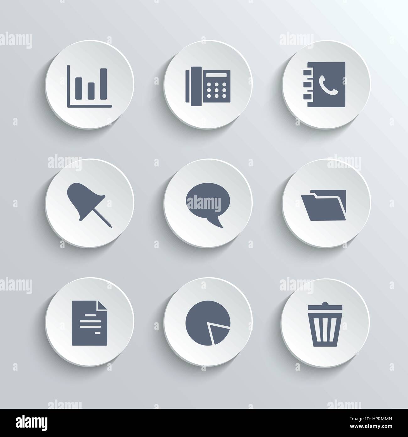 Web Icons Set - Vektor weiß Runde Knöpfe mit Diagramm Fax Telefonbuch Pin Rede Blase Dokument Diagramm Trash Can und Ordner Symbole Stock Vektor