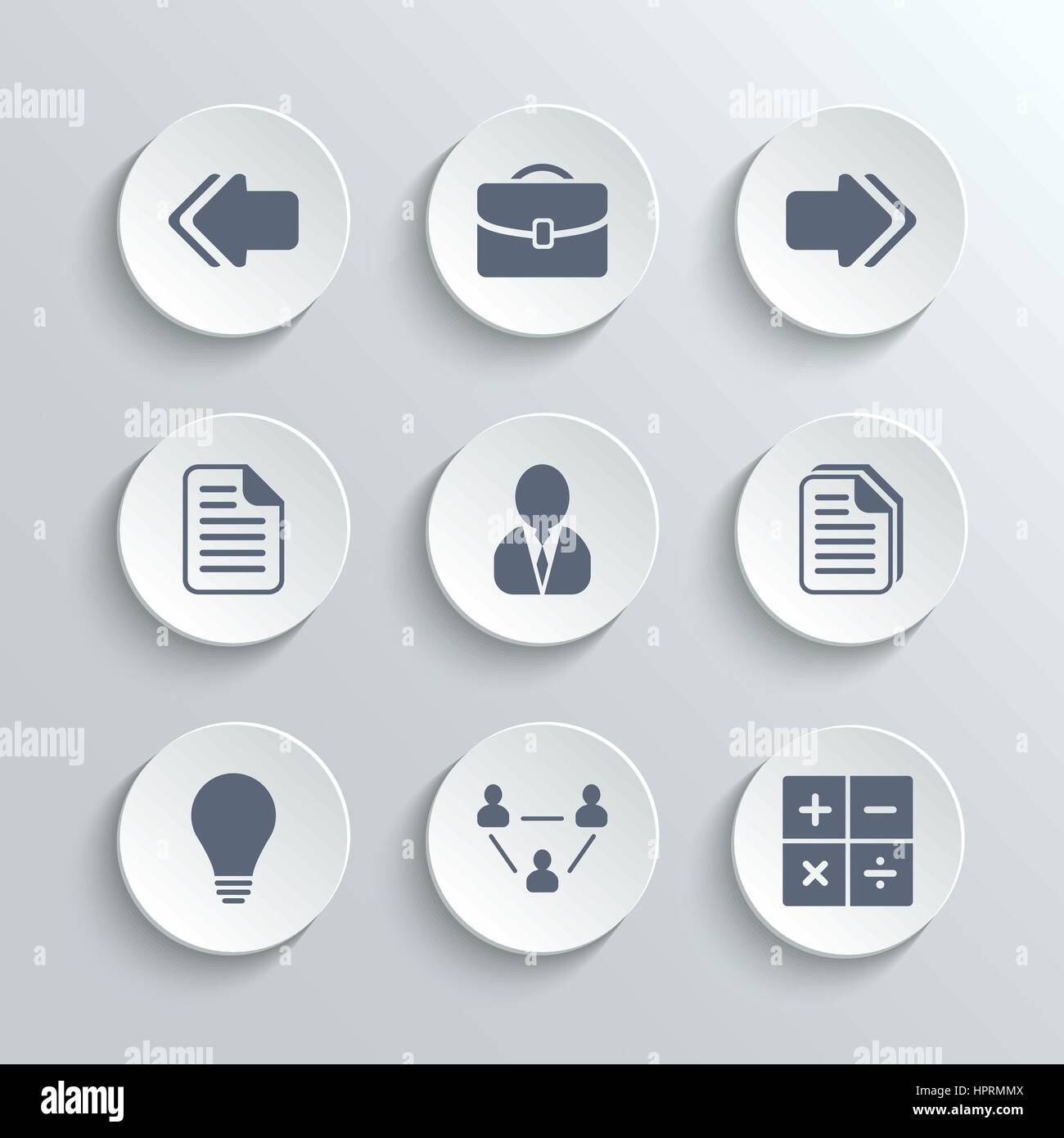 Büro-Symbole-Set - Vektor weiß Runde Tasten mit linken und rechten Pfeile Dokument kopieren Mann Avatar Lampe Team Netzwerk Rechner Stock Vektor