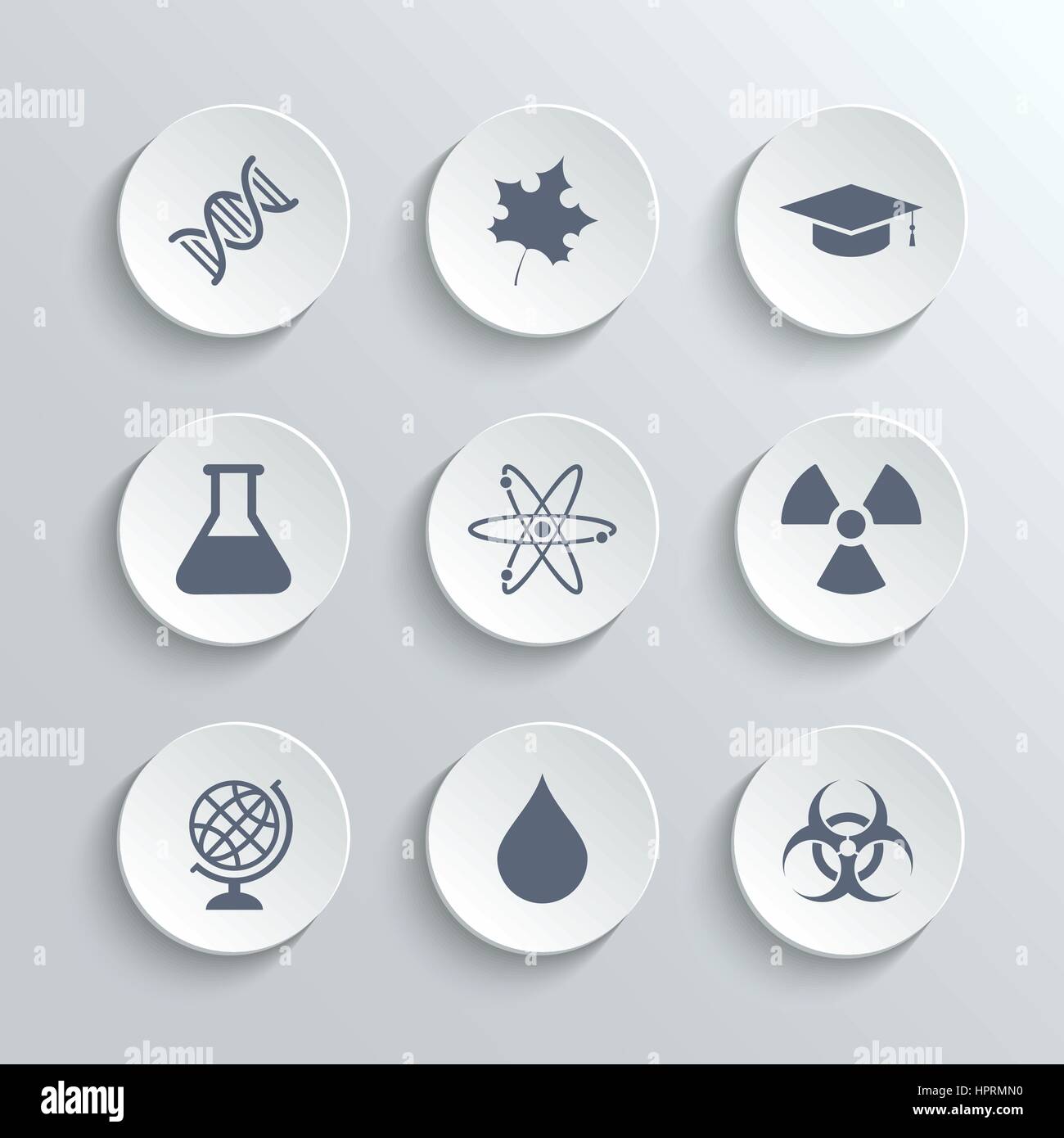 Wissenschaft Icons Set - Vektor weiß Runde Tasten mit DNA-Ahorn Blatt Graduierung GAP Atom Radioaktivität Bio Hazard Labor Glühbirne Globus Tropfen Wasser Stock Vektor