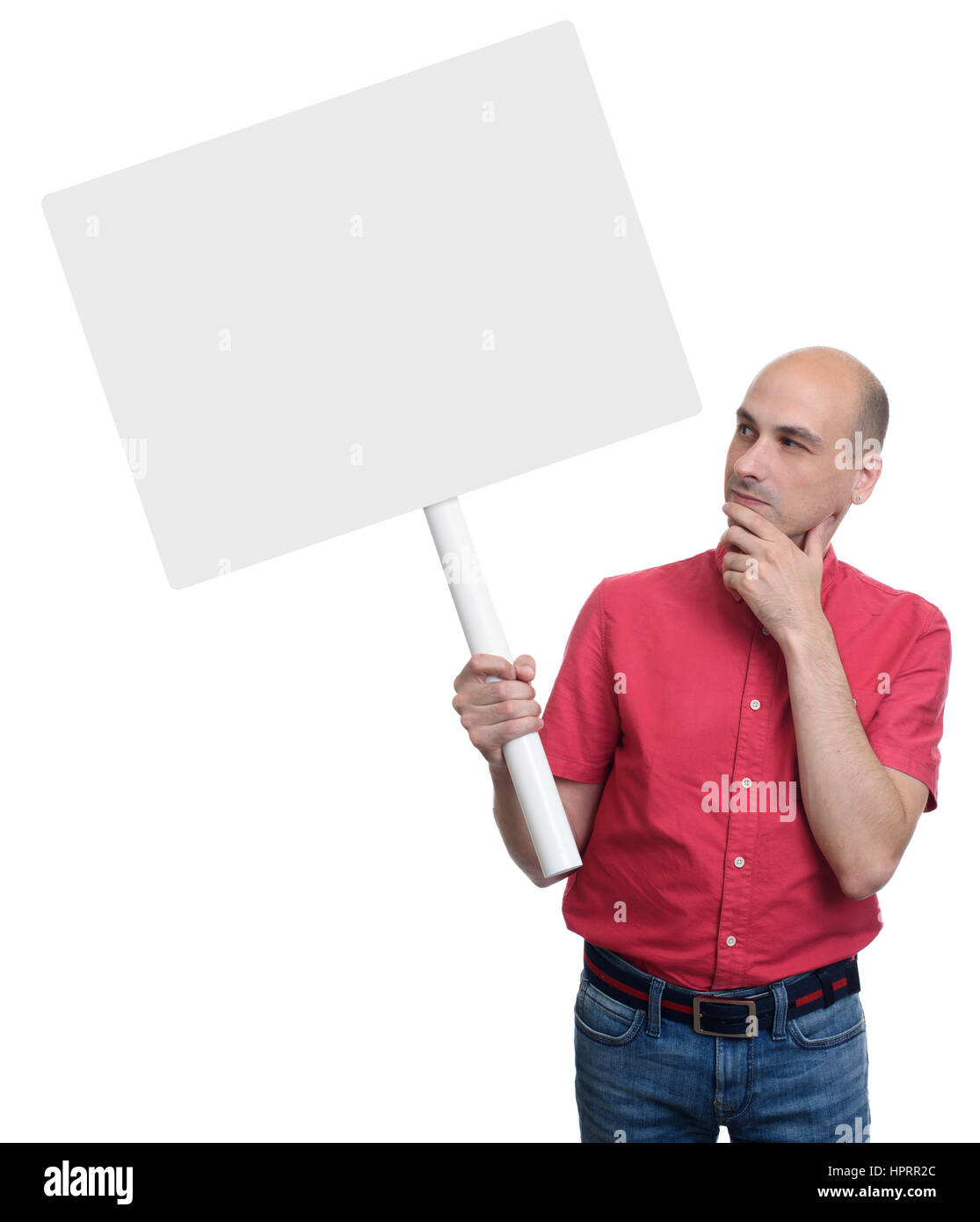 Legerer Mann mit einem Banner - isoliert auf weißem Hintergrund Stockfoto