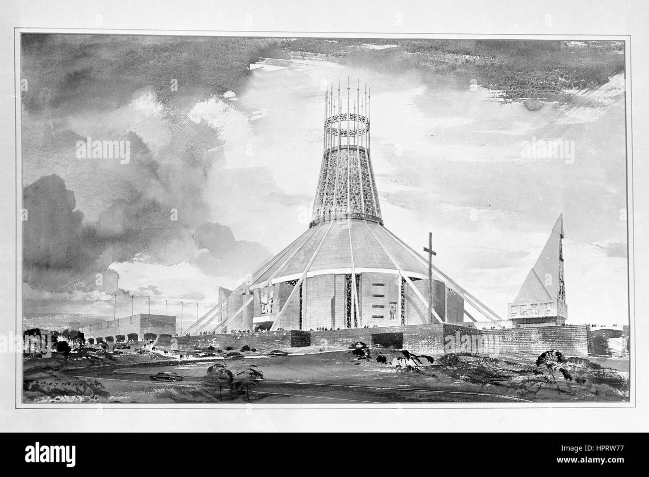 Eine Zeichnung von der Metropolitan Kathedrale von Christus dem König in Liverpool, die £5.000 für Londoner Architekt Frederick Gibberd, 52 gewonnen hat. Es wurde aus 298 Einträge ausgewählt und das Gebäude dauert fünf Jahre, zu einem Preis von £1 m zu konstruieren. Stockfoto