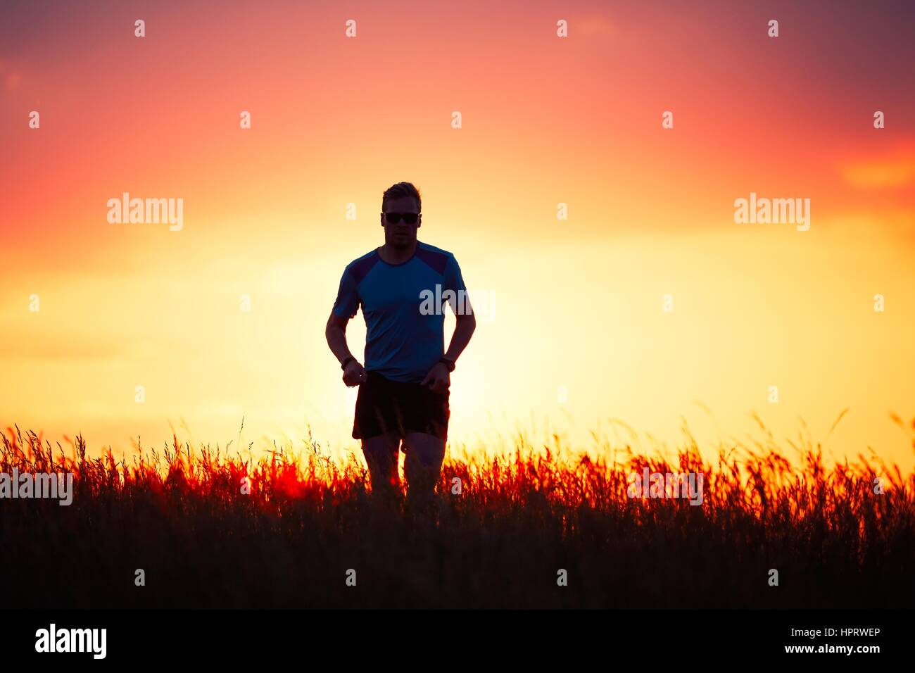 Silhouette des Läufers. Outdoor-cross-country Rennen. Sportlicher junger Mann läuft während der goldenen Sonnenuntergang in der Natur. Stockfoto