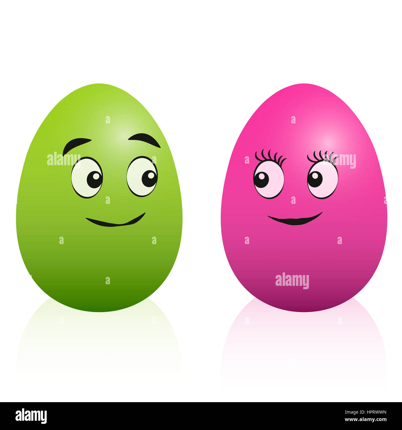 Osterei Comic-paar mit lächelnden Gesichtern - männliche grün und rosa weiblichen Ei einander betrachtend. Stockfoto