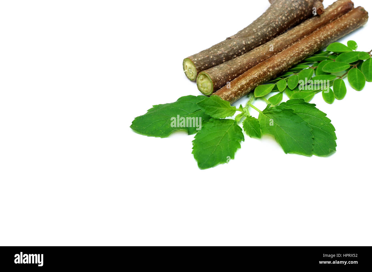 Essbare Moringa Blätter über weißem Hintergrund Stockfoto
