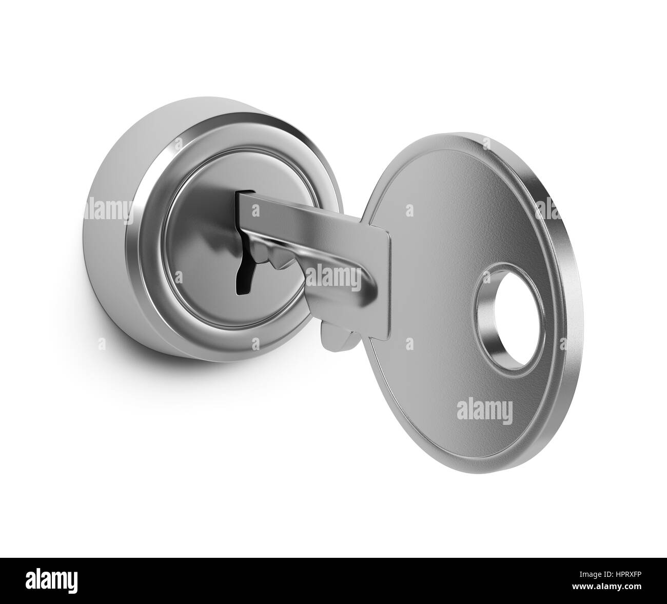 Einen einzigen Metall Schlüssel eingefügt in ein Türschloss auf weißem Hintergrund 3D Illustration Stockfoto