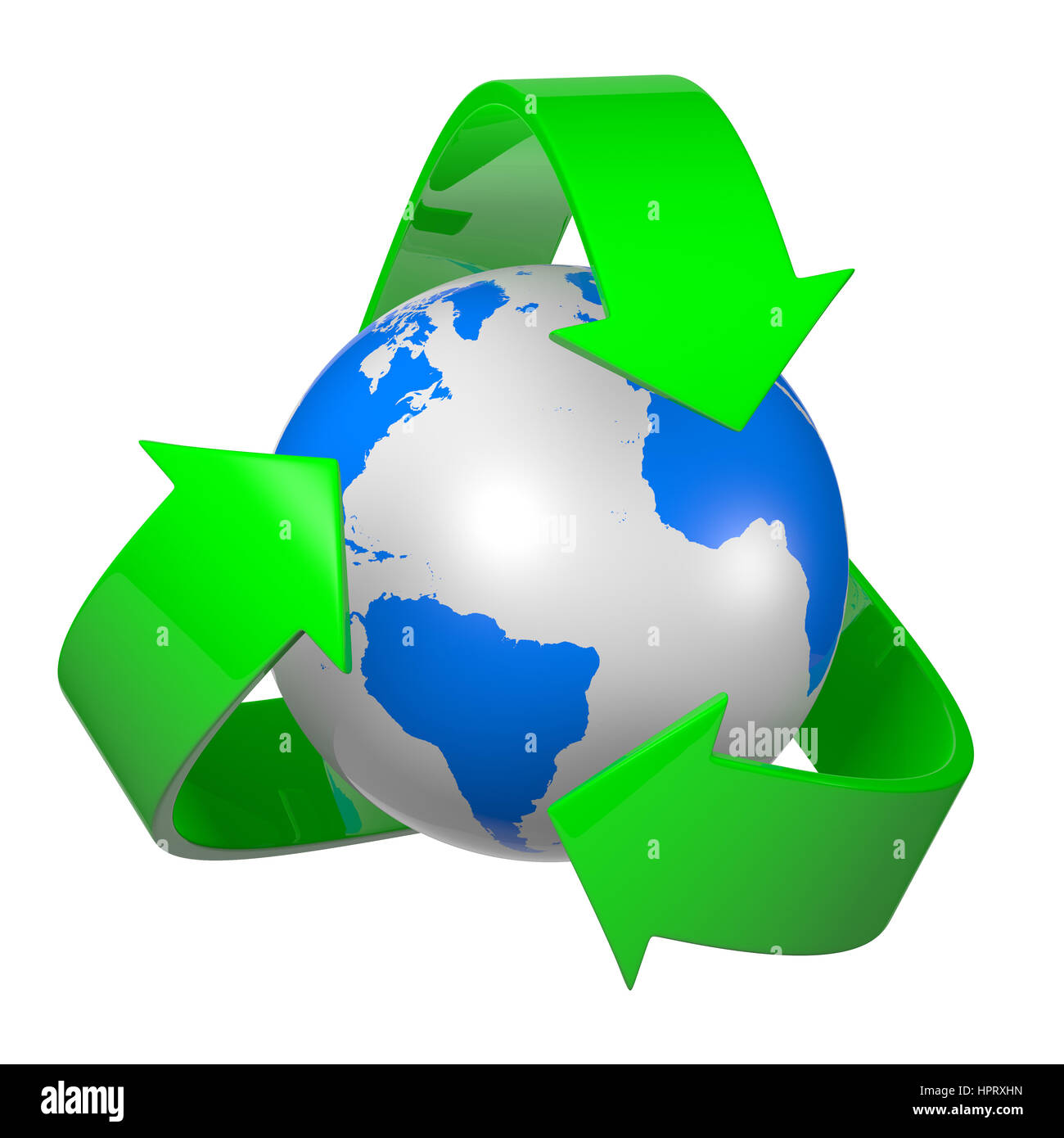 Recycle Zeichen Pfeile auf der ganzen Welt auf weißem Hintergrund 3D Illustration Stockfoto