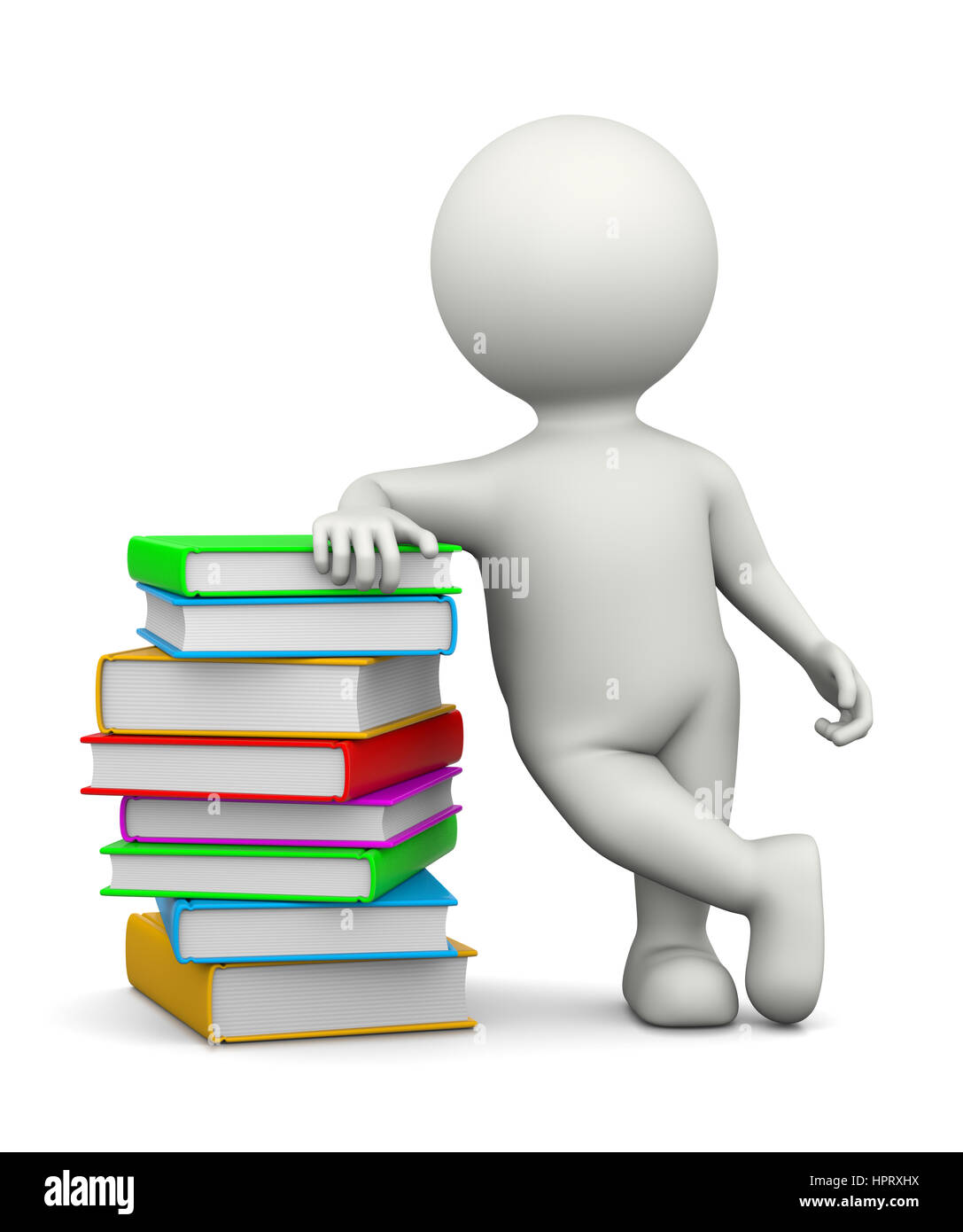 Weiße 3D-Charakter stützte sich auf einen Haufen Bücher Illustration auf weißem Hintergrund Stockfoto