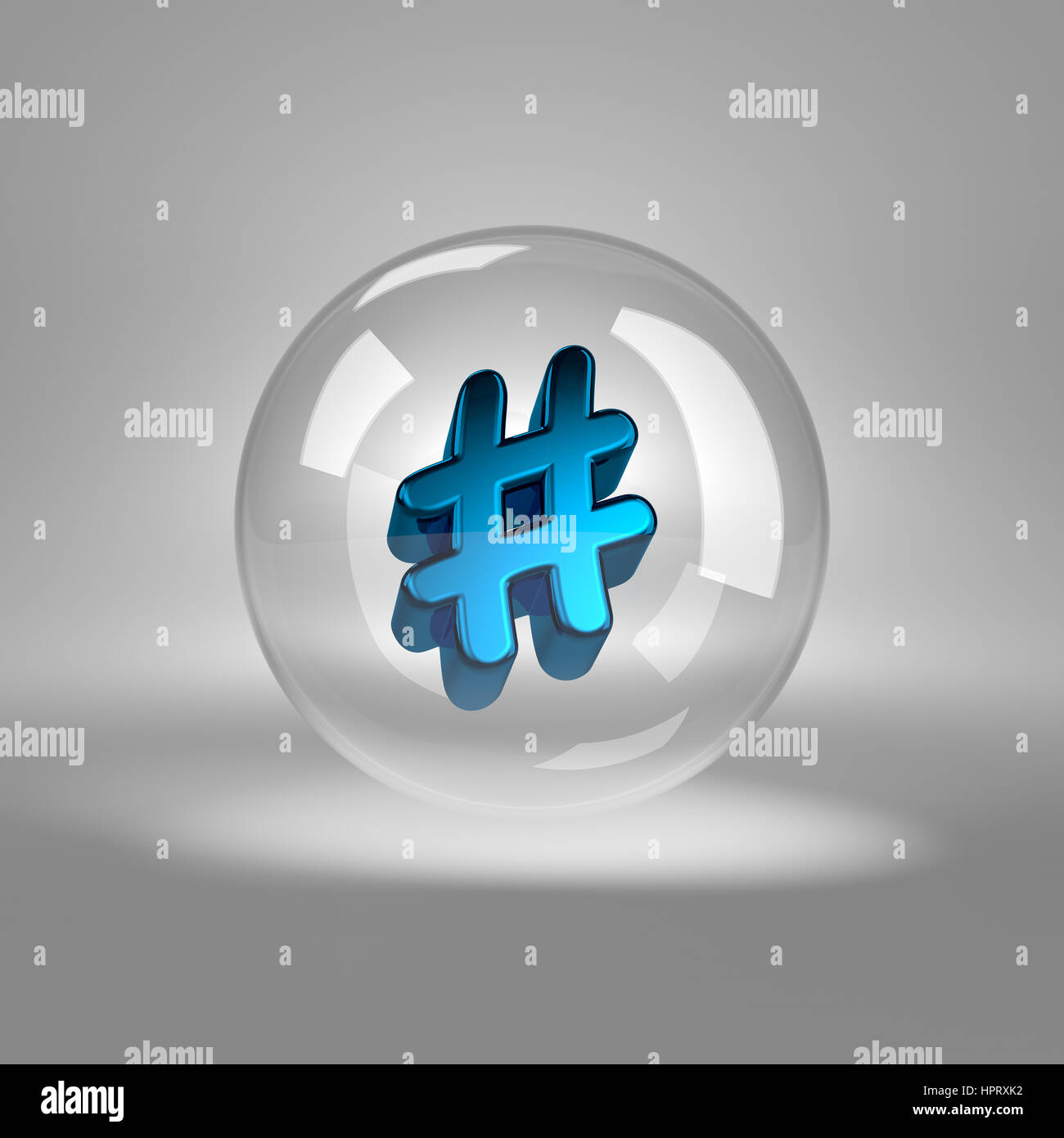 Blaue Hashtag-Symbol im Glas Bubble Stockfoto