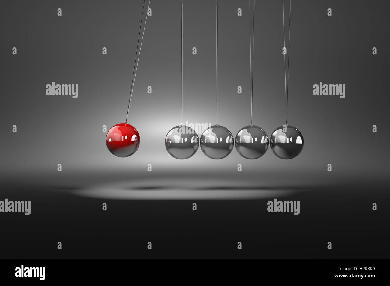 Rote metallische Kugel zu induzieren, um Bewegung metallische Kugeln Mechanismus 3D Illustration Stockfoto