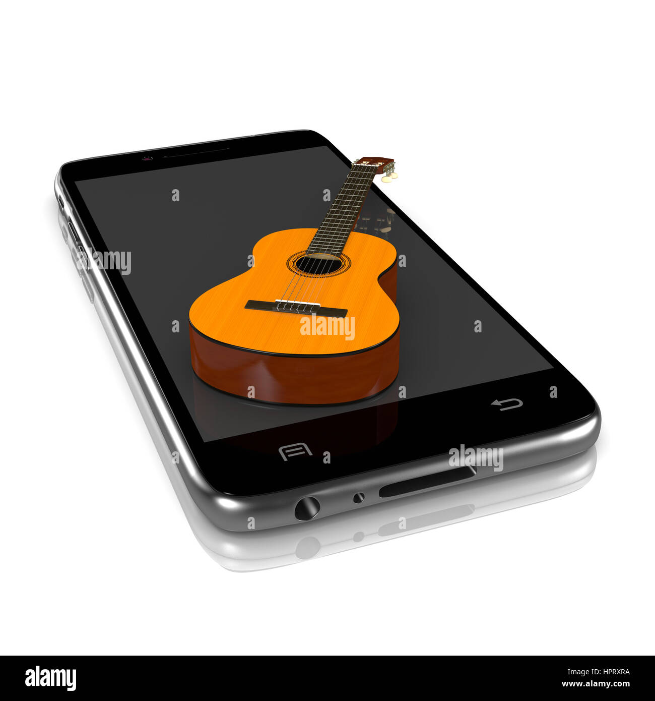Smartphone mit einer klassischen Gitarre auf Display 3D Illustration Stockfoto