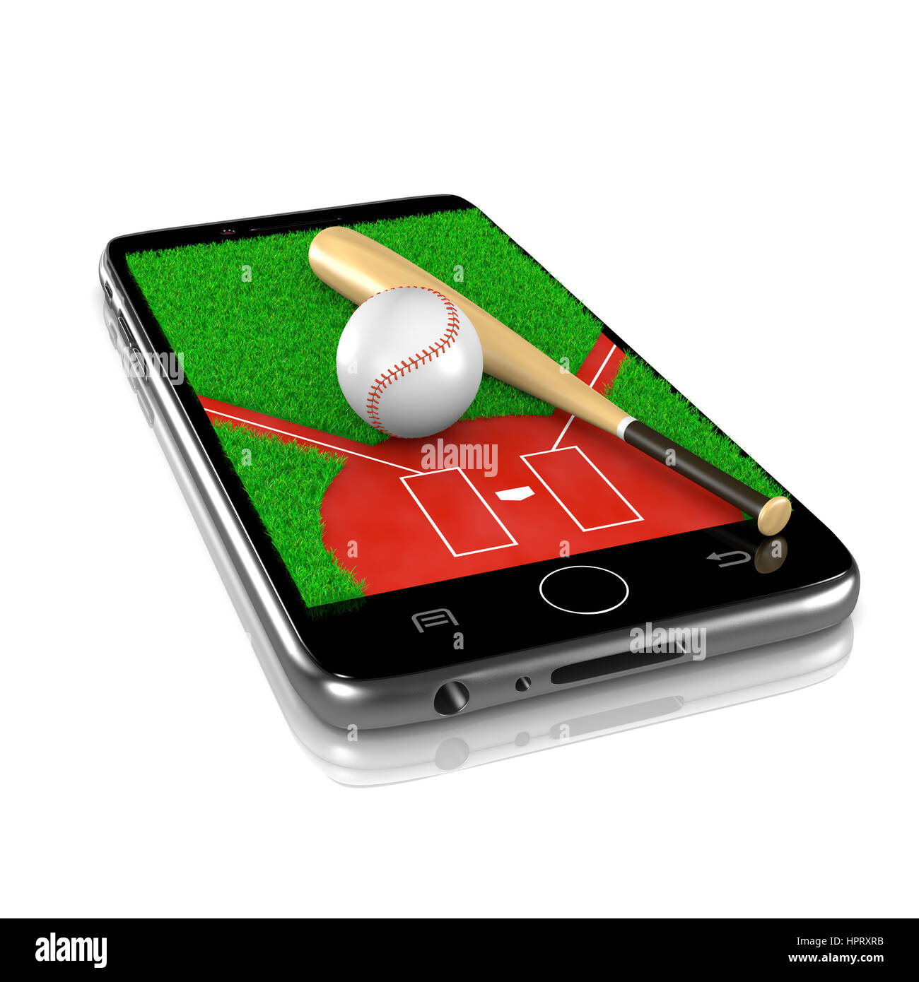 Baseball-Feld mit Ball und Schläger auf Smartphone-Display 3D Illustration, Isolated on White Background Stockfoto