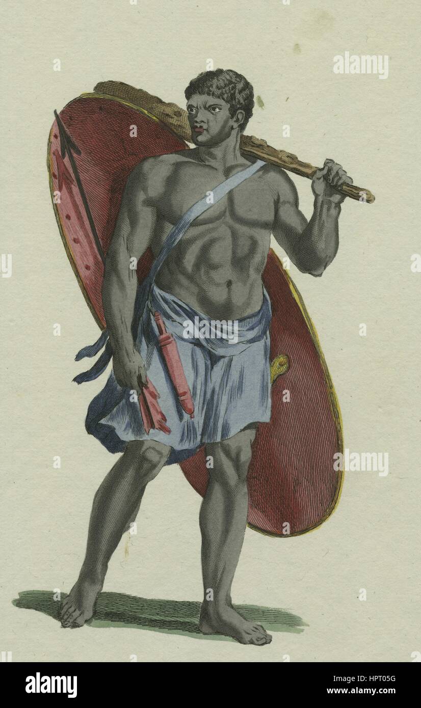 Porträt von einem "Jaga", ein Portugiesisch-Wort für afrikanische Krieger im Königreich Kongo, hält eine Waffe, 1849. Von der New York Public Library. Stockfoto