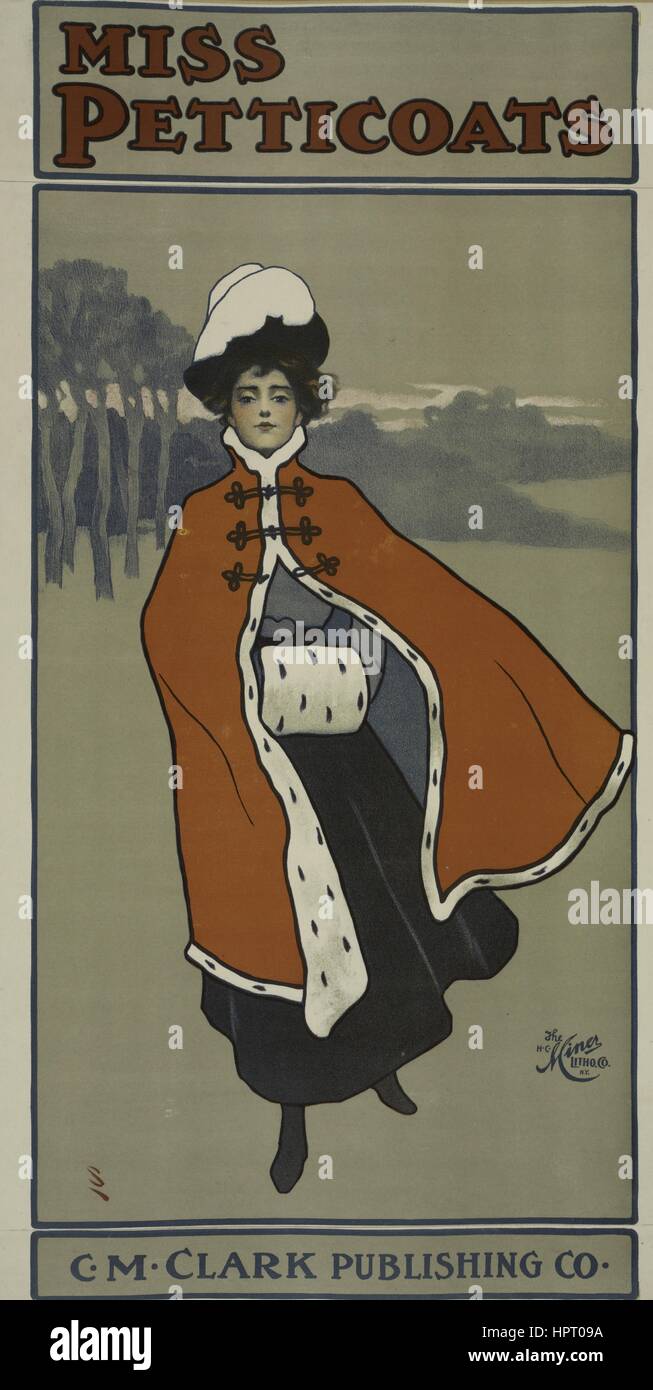 Plakat Werbung für ein Buch mit dem Titel Miss Petticoats zeigt eine Frau während der Winterzeit, 1903. Von der New York Public Library. Stockfoto