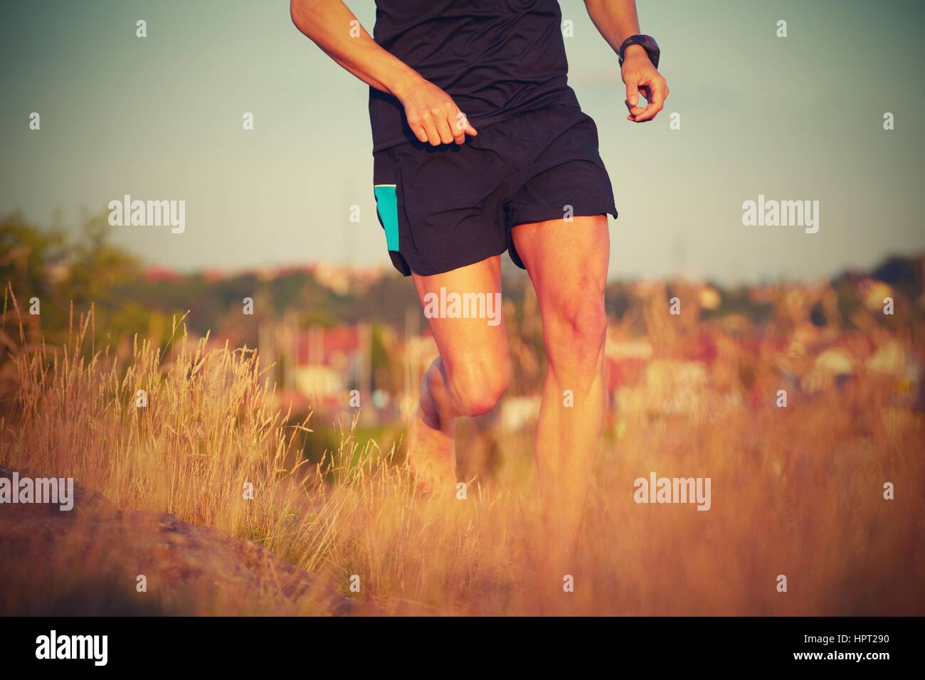 Junger Mann läuft auf Sommerwiese - schönes Abendlicht Stockfoto