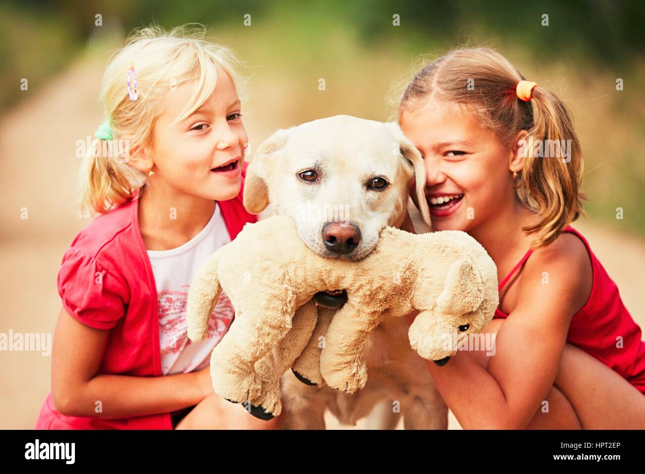 Schwestern mit Hund. Zwei Mädchen streicheln gelben Labrador Retriever mit Plüschtier. -selektiven Fokus auf den Hund Stockfoto