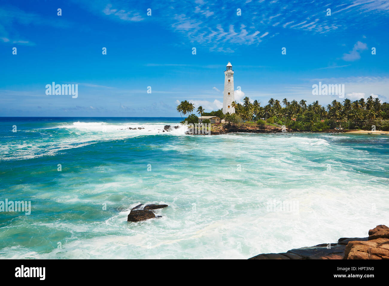 Schöne weiße Leuchtturm Dondra in Sri Lanka Süd. Stockfoto