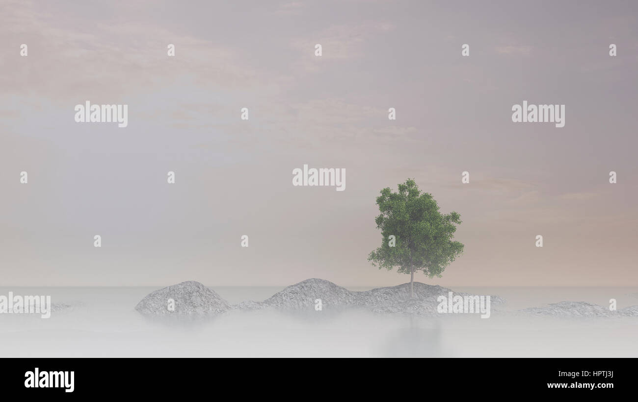Einzelne Ahornbaum auf Felsen im Wasser, 3D Rendering Stockfoto