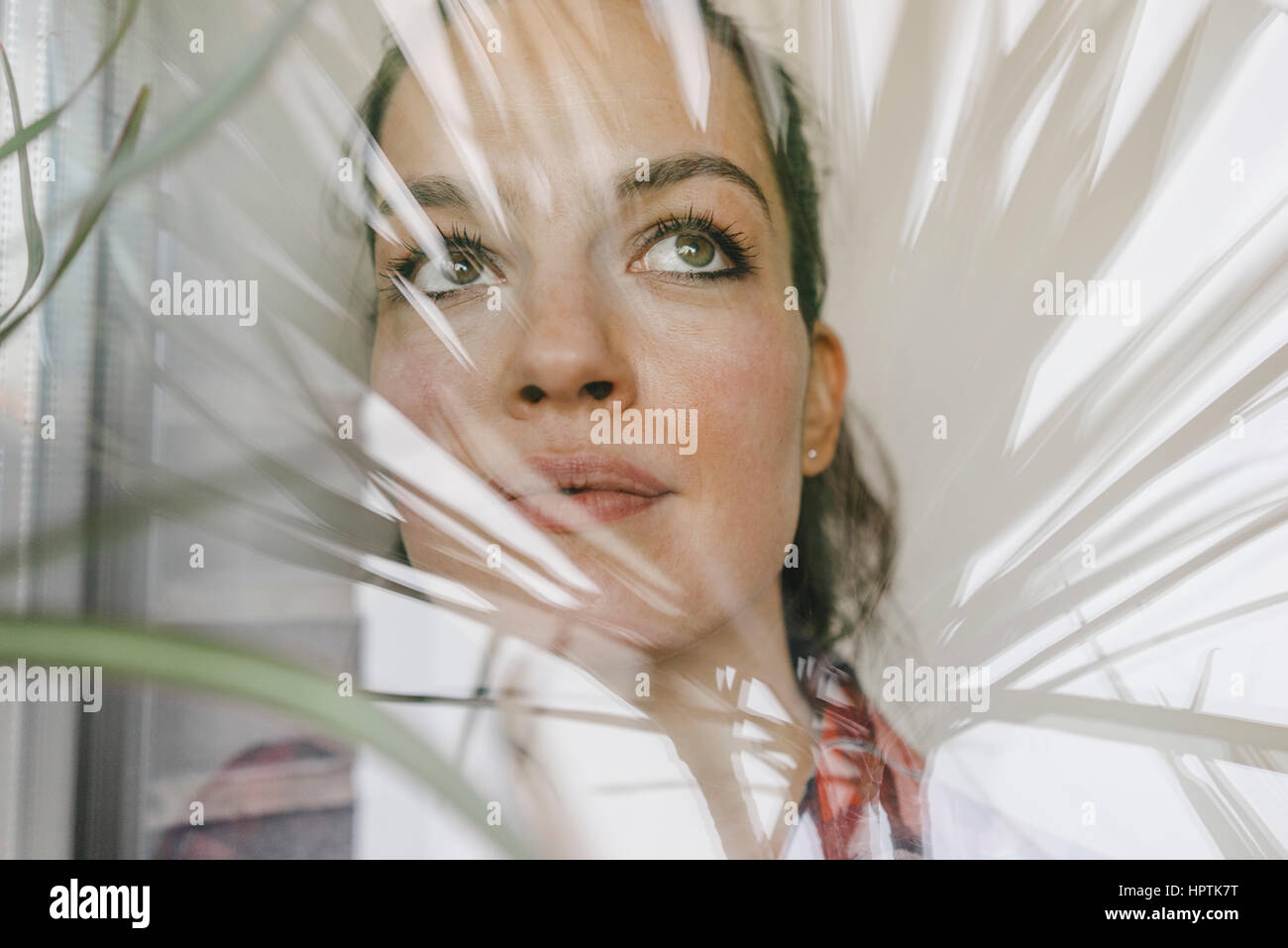 Frau betrachten Abstand hinter den Schatten einer Palme Stockfoto