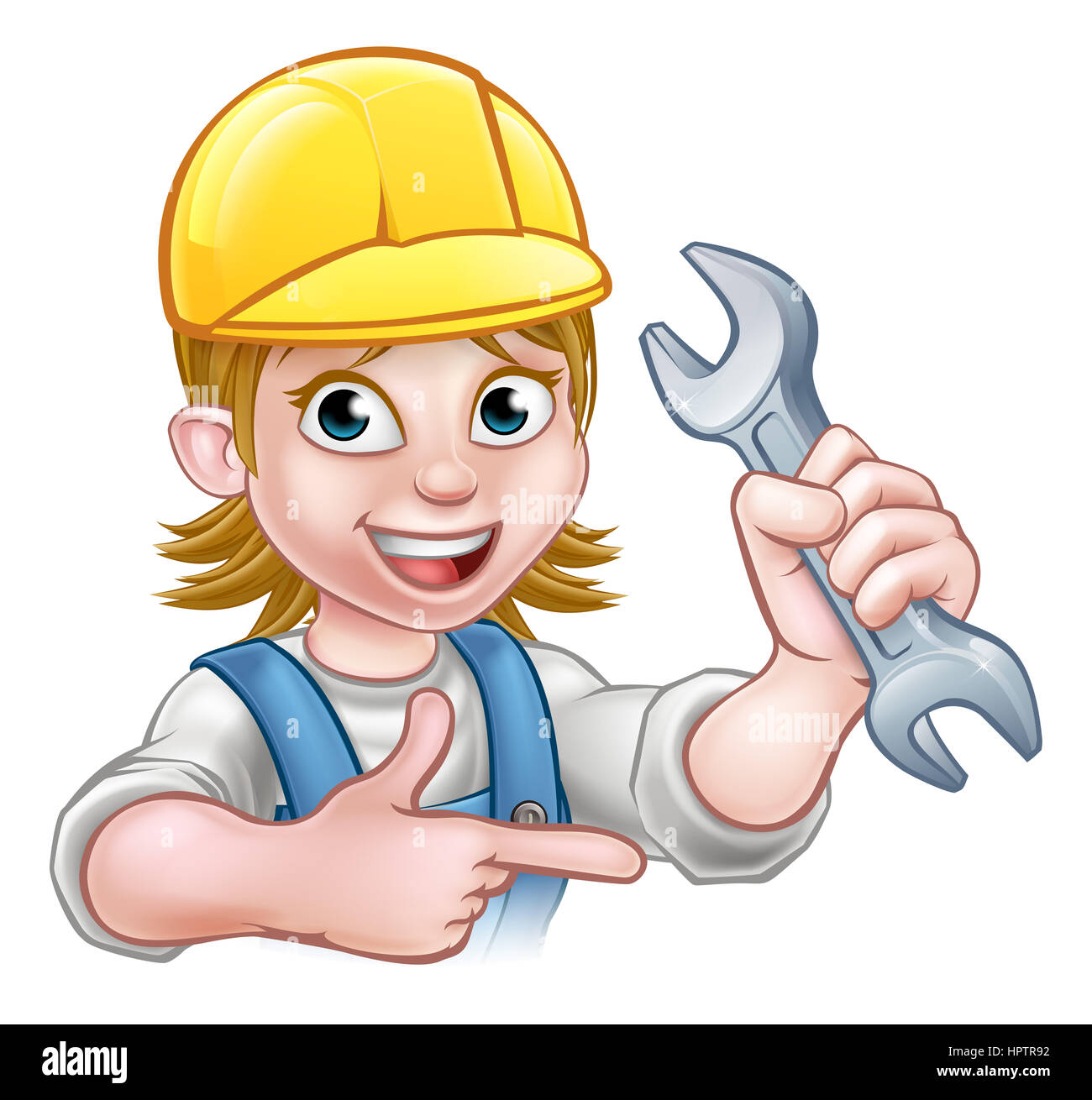 Ein Klempner oder Mechaniker Handwerker Cartoon-Figur hält einen Schraubenschlüssel und zeigen Stockfoto