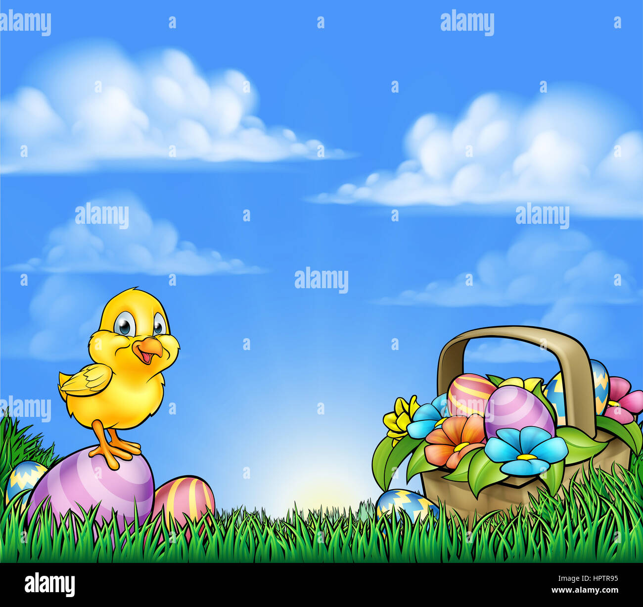 Ein Hintergrund mit Ostereiern und Cartoon niedlichen gelben Küken Stockfoto