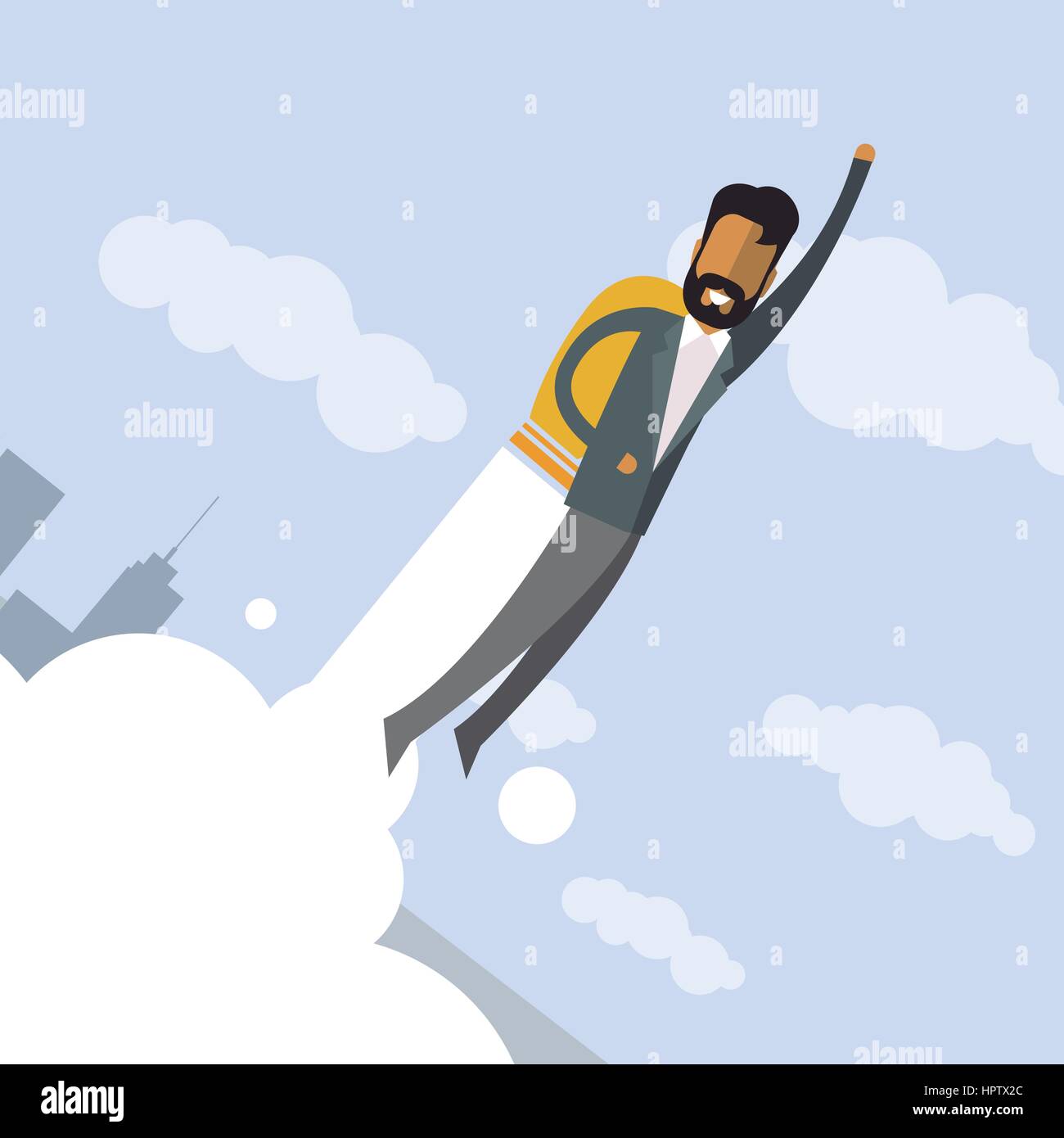 Glücklich indischer Geschäftsmann fliegen auf Jetpacks zu seinem Ziel. Fliegen über der Stadt. Erfolgreiche Menschen im Business-Anzug. Stock Vektor