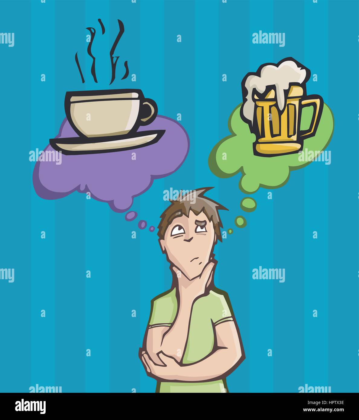 Vektor-Illustration eines Mannes, der die Wahl zwischen Kaffee oder Bier trinken Stock Vektor