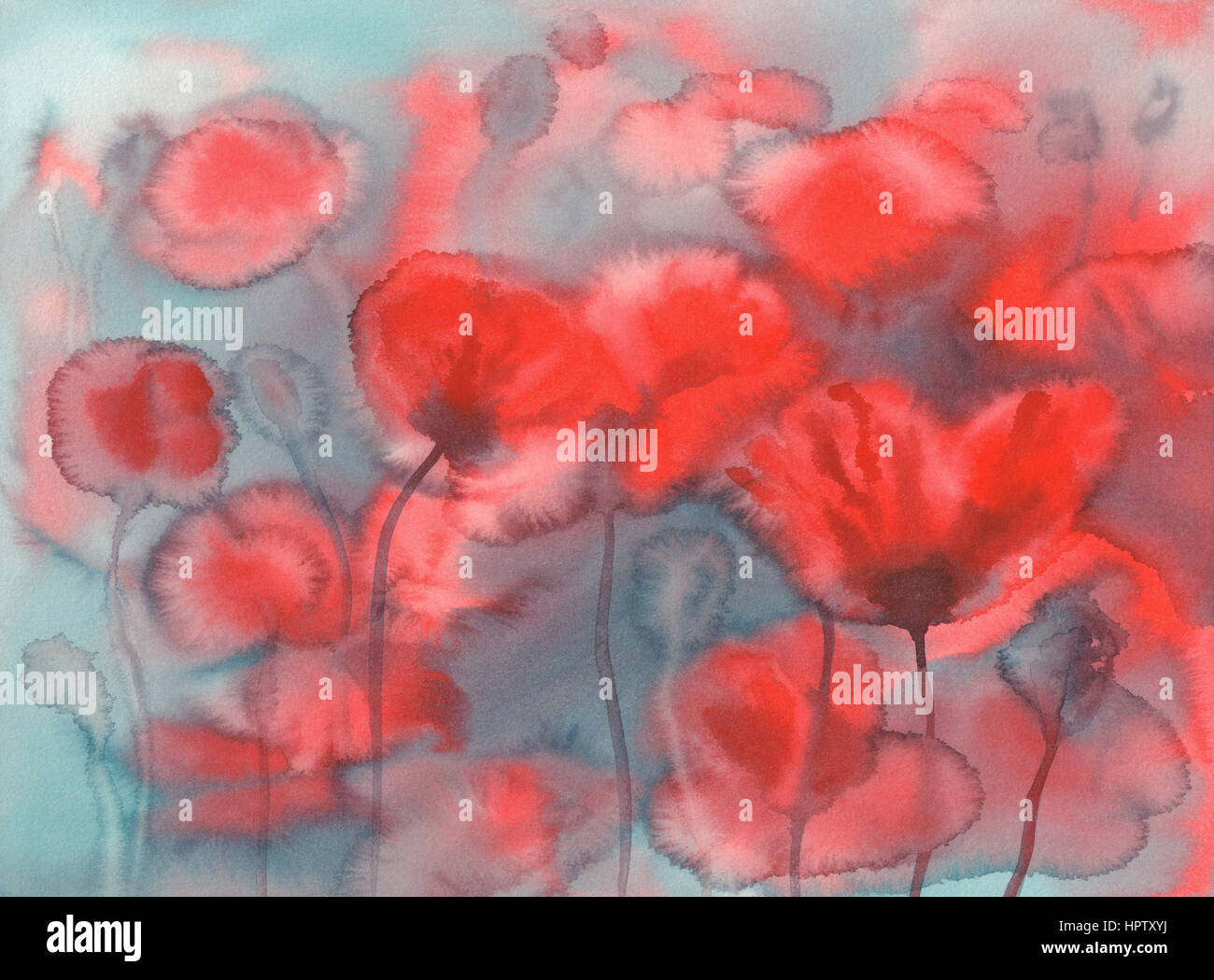 Aquarell Blumen Mohnblumen Feld abstrakten Hintergrund. Sommer-Blüte-Abbildung Stockfoto