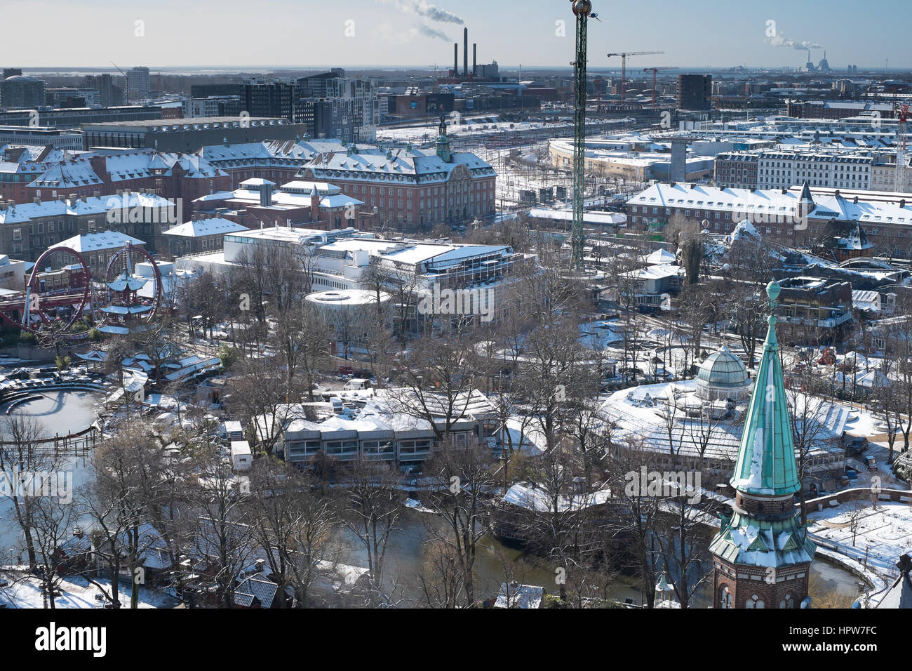 CCopenhagen Winter Stadtbild nach Schnee aus dem Rathaus Turm Ansicht Süd-west Tivoli in Richtung Valby übernommen Stockfoto