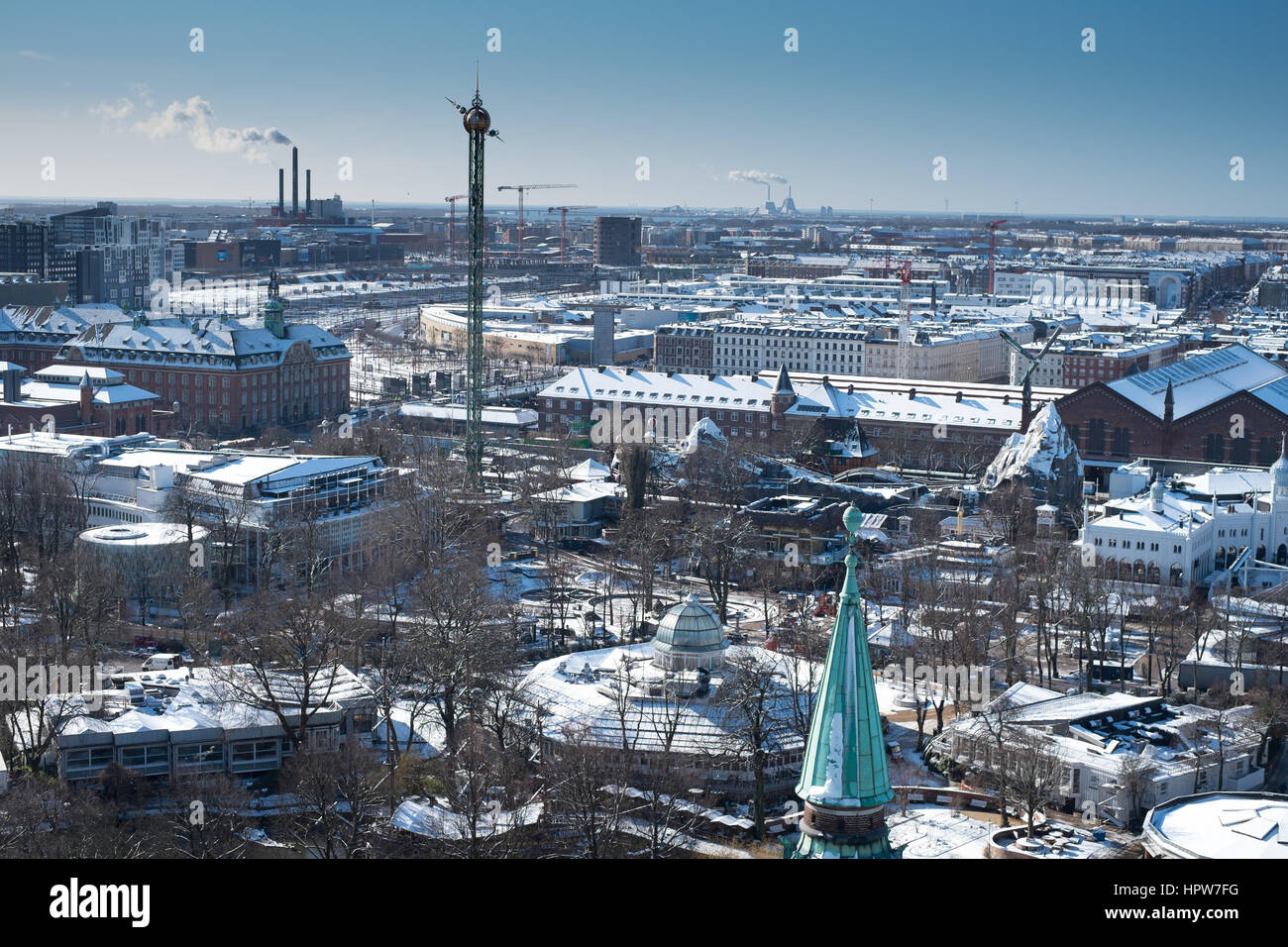 Copenhagen Winter Stadtbild nach Schnee aus dem Rathaus Turm Ansicht Süd-west Tivoli in Richtung Valby übernommen Stockfoto