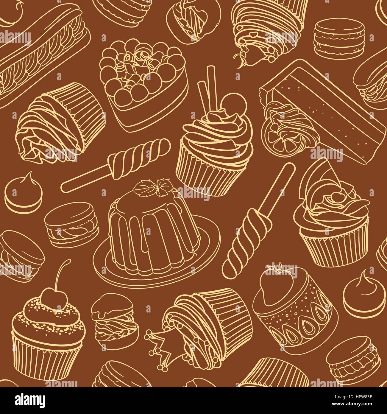 Verschiedene Desserts, Gebäck, Süßigkeiten, Bonbons, Cupcakes und Makronen. Lineare nahtlose Vektormuster. Stock Vektor