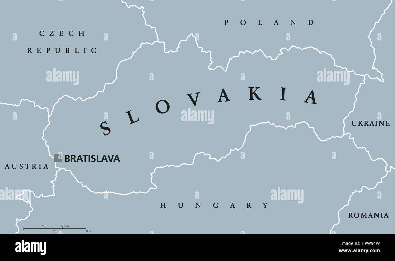 Slowakei Landkarte mit Hauptstadt Bratislava, nationale Grenzen und Nachbarländern. Die Slowakische Republik ist ein Binnenstaat in Mitteleuropa Stockfoto