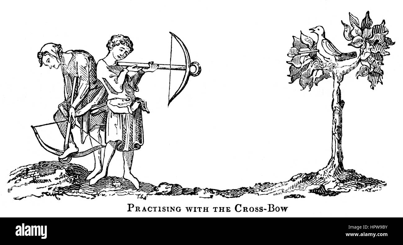 Veranschaulichung der Praxis mit dem Cross-Bow im 14. Jahrhundert in hoher Auflösung aus einem Buch, gedruckt im Jahre 1831 gescannt. Kostenlos copyright geglaubt. Stockfoto